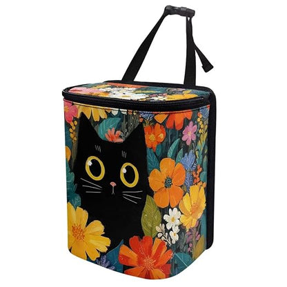 Talayituse Black Cat Daisy Flower Print Car Trash Can Portable Auto Garbage Bin Multifunctional Vehicle Interior Accessories with Adjustable Straps Universal Fit Truck SUV Sedan