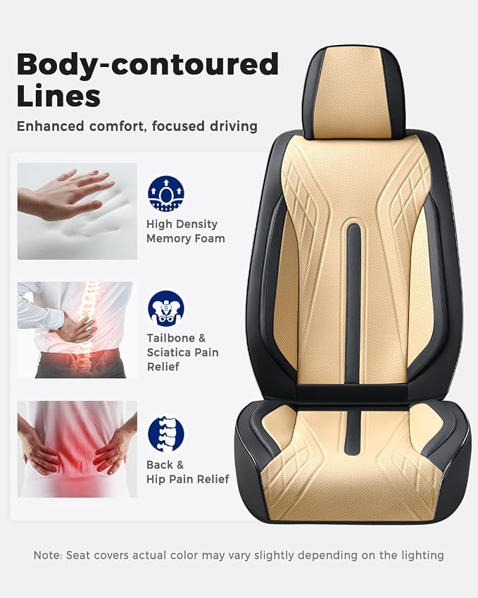 Huidasource Front Seat Covers, Universal Fit for Most Cars SUV Trucks, Full Coverage Nappa Leather Seat Cover, Airbag, Velcro Adjustable, Seat Function Retain, Black&Beige