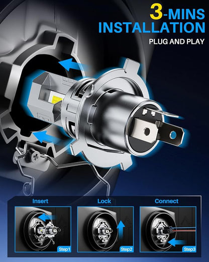 AUTOONE H4 9003 HB2 Bulbs, No Flicker 6500K White, 60,000LM Brightness, Easy 3 Min Plug and Play, IP68 Rated, Long Lifespan, 2 PCS