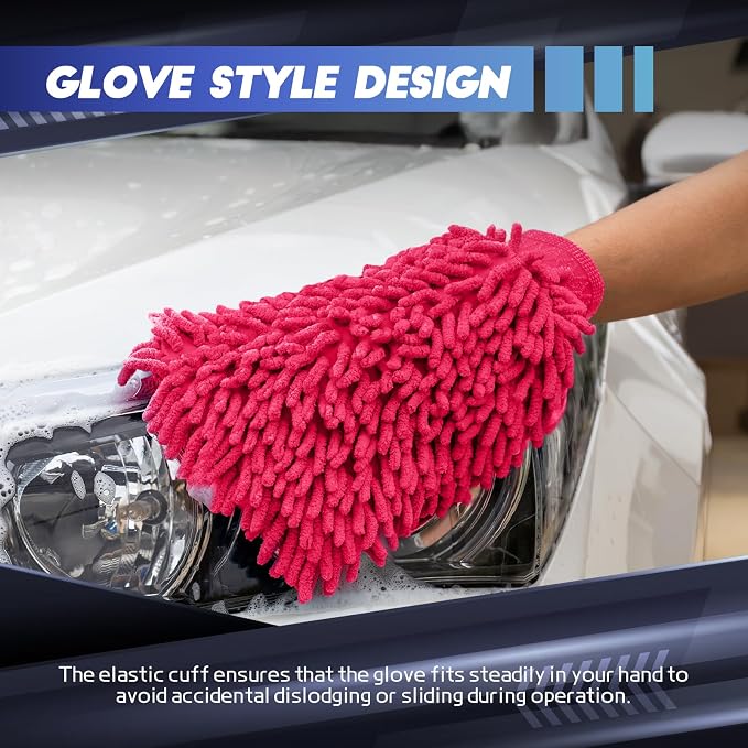 wuyaoyao 2PCS Car Wash Mitt, 10.14"×7.12" Chenille Microfiber Car Wash Mitts, Scratch-Free & Lint-Free, Absorbent Double Sided Clean Glove for Cars Cleaning, Auto Cleaning Supplies (Pink)