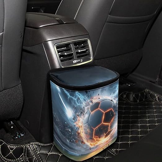 Talayituse Soccer Ball Lightning Print Car Trash Can with Lid, Leak Proof Auto Trash Bag Hanging Vehicle Garbage Can Multipurpose Storage Container for Back Seat Road Trip