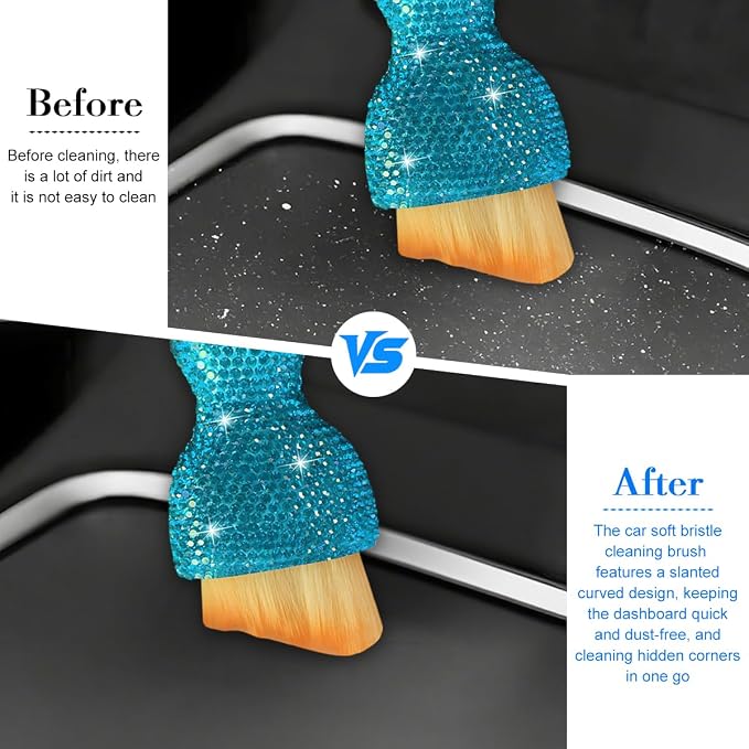 Bling Car Detailing Brush, Crystal Rhinestone Non-Scratch Vehicle Cleaning Dust Brush for Air Vent & Dashboard, Soft Bristles Automotive Interior Cleaning Tool, Universal Fit (Sky Blue)
