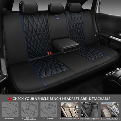 CAR PASS Piping Luxury Leather Seat Covers Full Set,5 Seats Anti-Slip Waterproof Seat Covers Compatible with Front Armrests,Universal Fit for Sendan SUV Van Truck,Airbag Compatible,Black and Blue