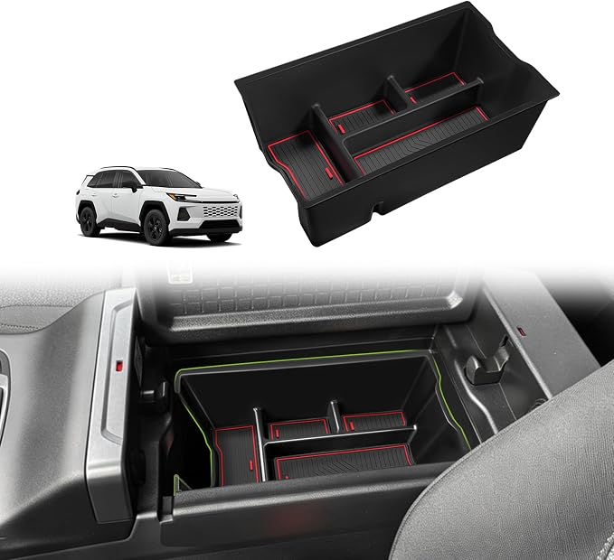 Muslogy Center Console Organizer Compatible with 2026 Toyota RAV4 Accessories Middle Console Divider Storage Box Armrest Insert Tray with Anti-Slip Mats (Red)