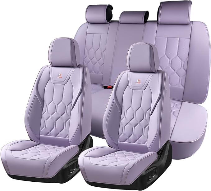 Huidasource Leather Car Seat Covers Full Set, Full Coverage Universal Fit for Most Cars SUVs Trucks, Easy Install with Velcro, Airbag Compatible, Retains Seat Functions & Cupholders, Purple