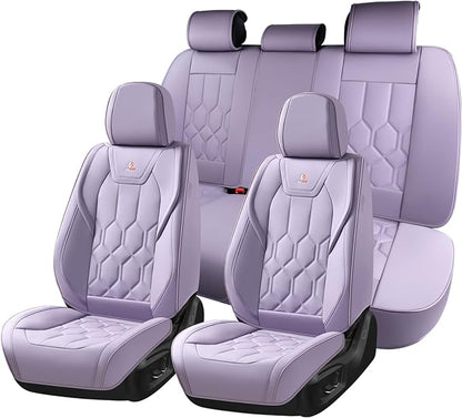 Huidasource Leather Car Seat Covers Full Set, Full Coverage Universal Fit for Most Cars SUVs Trucks, Easy Install with Velcro, Airbag Compatible, Retains Seat Functions & Cupholders, Purple