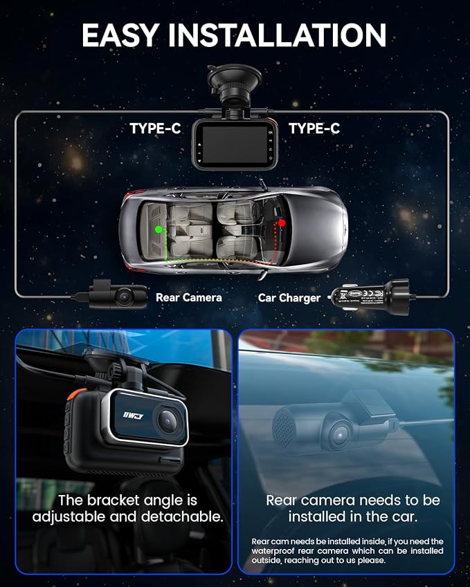 IIWEY 4K+4K Dash Cam Front and Rear, 5G Wi-Fi 64GB SD Card Included, STARVIS Dash Camera for Cars, 3 Inch IPS Screen, Dual Channel HDR Night Vision, 24H Parking Mode, 170° Widude Angle, G-Sensor