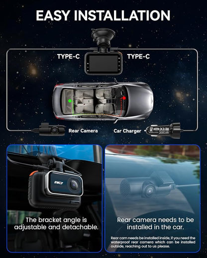 IIWEY 4K+4K Dash Cam Front and Rear, 5G Wi-Fi 64GB SD Card Included, STARVIS Dash Camera for Cars, 3 Inch IPS Screen, Dual Channel HDR Night Vision, 24H Parking Mode, 170° Widude Angle, G-Sensor