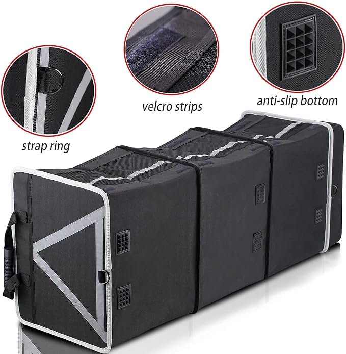 Homeve Car Trunk Organizer for SUV, 25Gal Large Capacity No-Sag Heavy Duty, Foldable Waterproof Anti-Slip Storage with 12 Pockets, Fit Sedan,Truck,Universal Car Accessories, Black, 3 Compart, Large