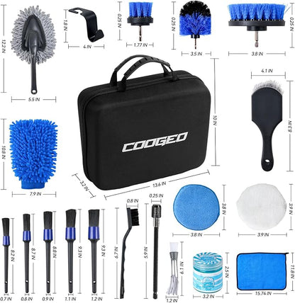 Collection of car cleaning tools with COOGEO branding and dimensions.