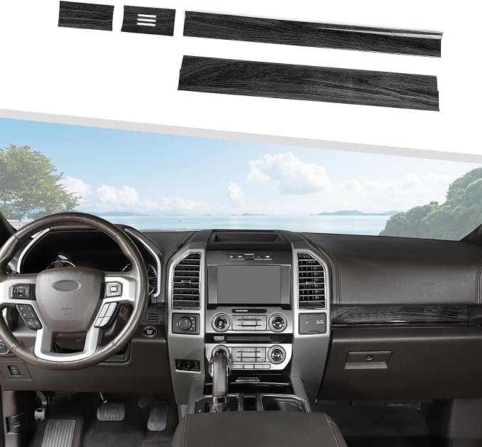 Jimen Compatible with Ford F150 2015-2020, 4PCS Center Console Panel Dash Cover Interior Trim Accessories (Black Wood Grain)