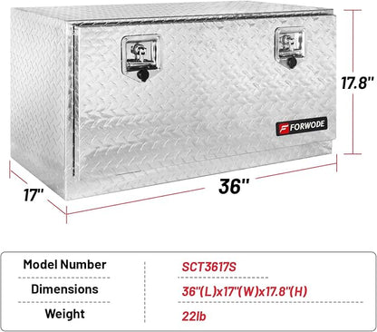 FORWODE 36x17x18 Inch Underbody Truck Tool Box Aluminum Trailer Tool Box with Lock & Foldable T-Handle Waterproof Truck Storage Box for Pickup Truck, Trailer, RV, ATV, Indoor（SILVER）