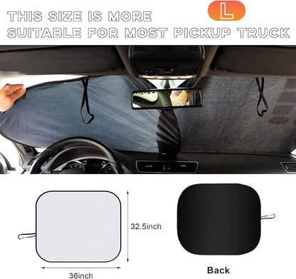 Kewucn 2 PCS Windshield Sun Shade Reflective Fabric, Foldable Auto Front Window Sunshade Protection, 99% UV Rays and Sun Heat Blocker and Keeps Vehicle Cool, Car Accessories (33"×36", Silver)