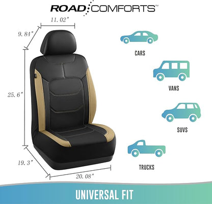 Road Comforts Seat Covers, Premium Leather Car Seat Covers Front Seats,Airbag Compatible, Automotive Seat Covers Universal Fit Most Cars,Vans,Truck,SUV Beige