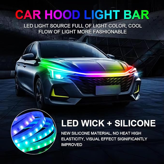 Car LED Hood Light Strip, 12V Flexible Waterproof Daytime Running Lights for Car, Universal Engine Cover Decoration Accessories for Cars, SUVs, Trucks, Dynamic Scan Start-up Effect (RGB, 70 Inches)
