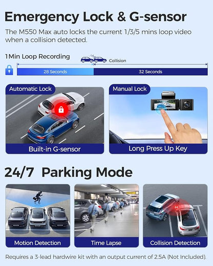 AZDOME M550 Max 4K 3 Channel Dash Cam, Dual STARVIS Sensors, 4K+2.5K+1080P Front and Rear Inside Triple Car Camera, Built-in WiFi GPS, 64GB Card Included, IR Night Vision, Ride Share Accessories