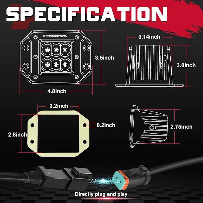 OFFROADTOWN Flush Mount LED Pods with Wiring Harness, 5'' 12,000LM CREE LED Driving Light Reverse Backup Lights Flush Light Bar Off Road Lights for Truck Pickup UTV ATV SUV Boat 4x4 Car