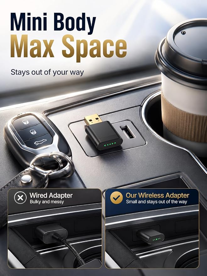 Wireless CarPlay Adapter for iPhone & Android Auto, Wired to Wireless CarPlay Dongle, Gold-Plated USB for Stable Connection, No Lag & Auto Reconnect in 5s, Mini Size Plug & Play, OEM Wired Cars 2016+
