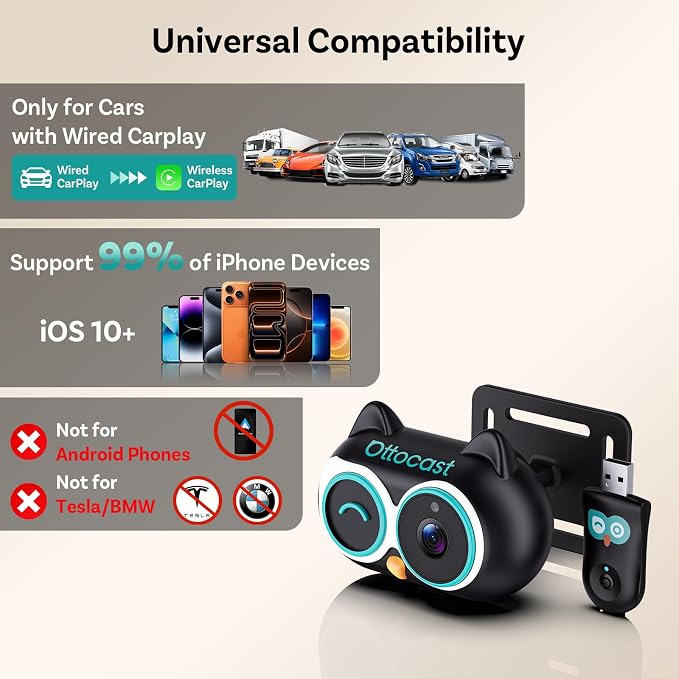 OTTOCAST Cabin Care 2-in-1 Baby Car Camera & Wireless CarPlay Adapter, 1080P Rear Seat View on Car Screen, No Extra Screen, No-Glow Night Vision, 150° Wide Angle, Easy Install, No Android Support