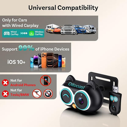 OTTOCAST Cabin Care 2-in-1 Baby Car Camera & Wireless CarPlay Adapter, 1080P Rear Seat View on Car Screen, No Extra Screen, No-Glow Night Vision, 150° Wide Angle, Easy Install, No Android Support