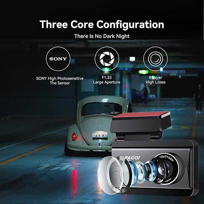 PAPAGO Dash Cam Front Rear, STARVIS Sensor 4K Full HD Dash Camera for Cars，Voice Control，5GHz Wi-Fi, Built-in GPS, Night Vision, WDR, G-Sensor, 64GB Card Included, 24H Parking Mode（G500）