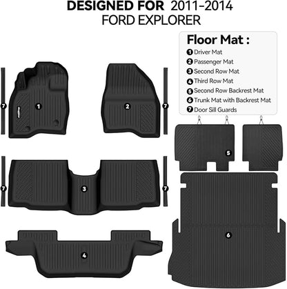 Floor Mats for Ford Explorer 2011-2014, Trunk Mat and Backrest Mat & Door Sill Guard All Weather TPE Protector for Ford Explorer Accessories