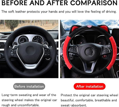 Bittwee Car Steering Wheel Cover, Fluffy Soft Plush for Winter Warm, Cute Steering Wheel Protector with Kitty Cat Ears, Universal 15 Inch, Elastic & Anti-Slip, Lovely Decor Car Accessories (Black/Red)