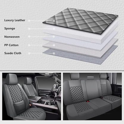 Ram 1500 Seat Covers 2019-2026 Full Set, Truck Interior Sets with Lumbar Support Custom Fit for Dodge Ram 1500/2500/3500 Crew/Mega Cab with Rear Flat Bench, Gray
