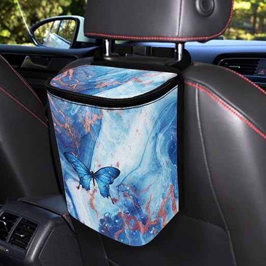 Blue Butterfly Marble Print Trash Can for Car Leakproof Garbage with Lid and Zipper Trash Bin Hanging Back of Seat Auto Interior Accessories Universal Fit Most Truck SUV Van