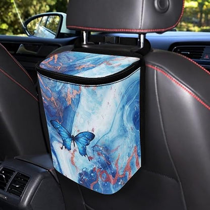 Blue Butterfly Marble Print Trash Can for Car Leakproof Garbage with Lid and Zipper Trash Bin Hanging Back of Seat Auto Interior Accessories Universal Fit Most Truck SUV Van