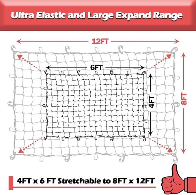 Natural Latex Core Super Duty Cargo Net for Pickup Truck Bed 4'x6' Stretches to 8'x12' | 12 Carabiners + 12 Hooks | Small Tight 4”x4” Mesh Bungee Net for Ford, Dodge, Chevy, Toyota, GMC