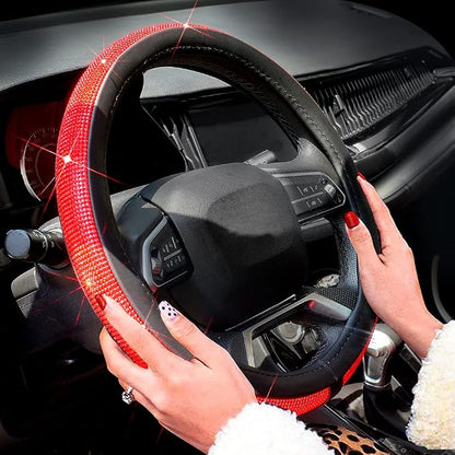 ChuLian New Diamond Leather Steering Wheel Cover with Bling Bling Crystal Rhinestones, Universal Fit 15 Inch Car Wheel Protector for Women Girls Red Diamond