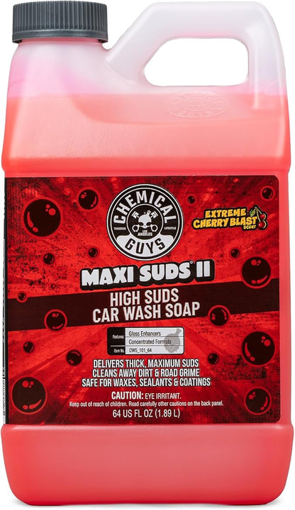 Chemical Guys Maxi Suds II Foaming Car Wash Soap – High Foam Car Wash Soap, Cherry Scent Shampoo and Gloss Booster for Foam Cannons, Guns or Buckets – Gentle, Safe for Trucks, SUVs, and RVs, 64 oz