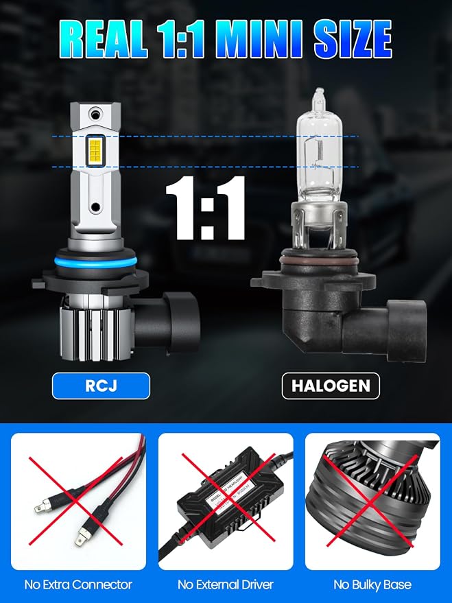 RCJ 9005 9006 Bulbs Combo, 600% Brightness 9005/HB3 High 9006/HB4 Low Dual Beam Bulbs, 6000K Cool White, Plug and Play, IP67 Waterproof, Pack of 4