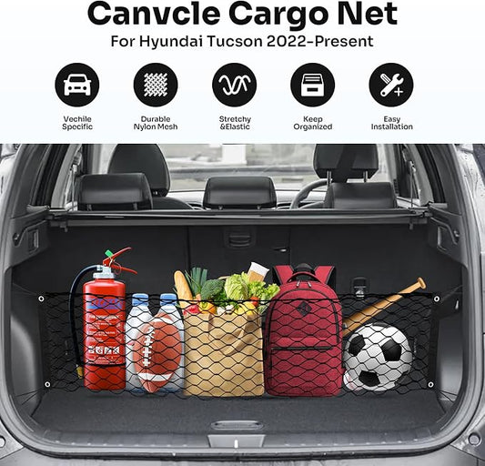 Canvcle Trunk Cargo Net for 2022-2025 2026 Hyundai Tucson Accessories Envelope Style Mesh Trunk Net Organizer and Storage Stretchable Adjustable Elastic Nylon Rear Cargo Netting with Hooks