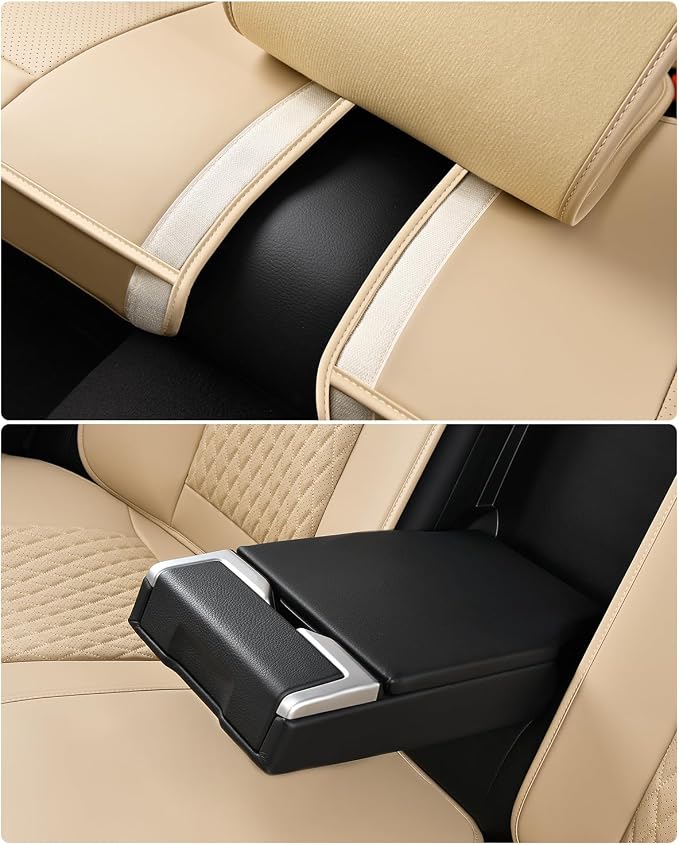 Huidasource Beige Back Seat Covers, Luxury Nappa Leather Rear Seat Cover with Velcro Adjustable, Child Seats, Ventilation Holes, Seat Belts, Car Back Seat Cover Fit for Most Cars SUV Trucks, Beige