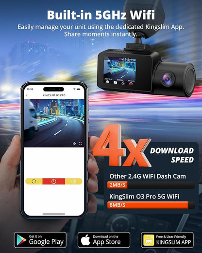 Kingslim 3 Channel 5G WiFi Dash Cam with 64GB Card, 2.5K/1080P Front and Rear Inside Dashcam, 2.5K/1080P/1080P Three Way Dash Camera for Cars Auto IR Night Vision, Loop Recording, APP Control(O3PRO)