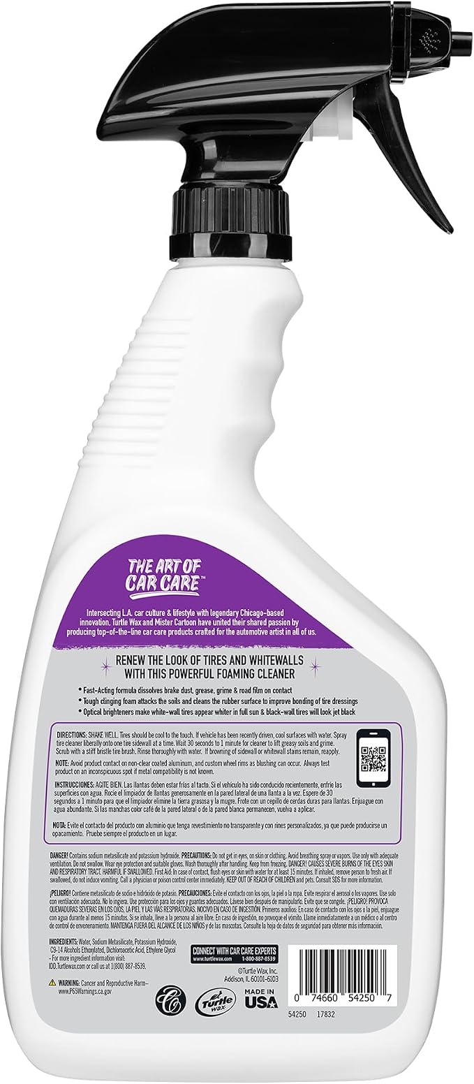 Turtle Wax X Mister Cartoon 54250 All Tire Clean and Prep, Cleans and Rejuvenates, Fast-Acting Formula, Jet Black Appearance, Brightens White Walls, Perfect for Cars, Trucks and Motorcycles, 32 oz.