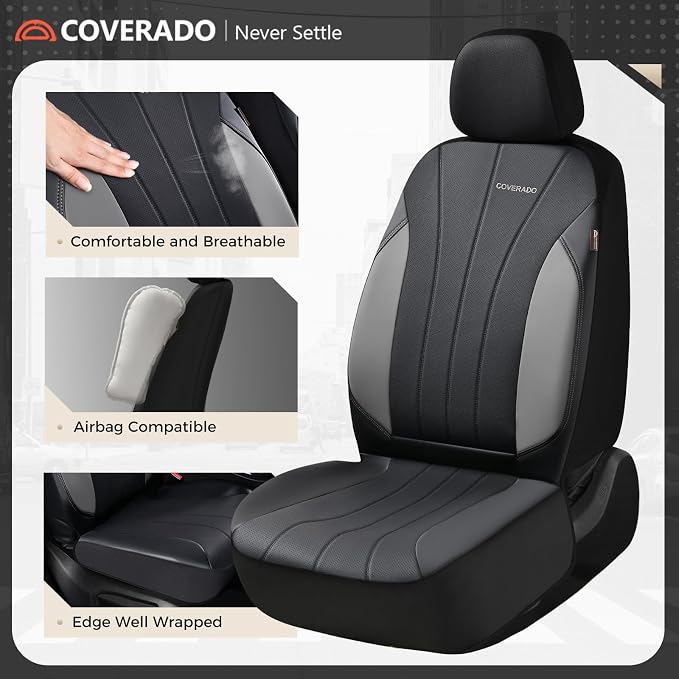 Coverado Car Seat Covers Full Set, 5 Seats Waterproof Nappa Leather Automotive Seat Protectors, Front & Rear Luxury Mesh Seat Covers,All-Weather Universal Fit for Most Cars SUVs, Trucks,Black&Grey