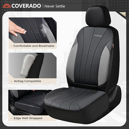 Coverado Car Seat Covers Full Set, 5 Seats Waterproof Nappa Leather Automotive Seat Protectors, Front & Rear Luxury Mesh Seat Covers,All-Weather Universal Fit for Most Cars SUVs, Trucks,Black&Grey