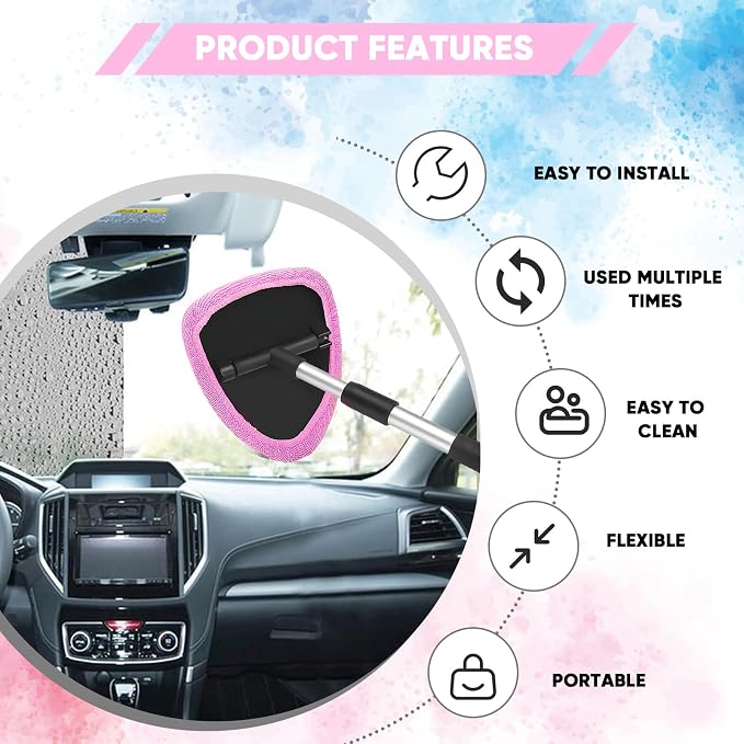 Windshield Cleaning Tool, Car Window Cleaner with Extendable Handle, 4 Microfiber Pads and Spray Bottle, Auto Interior Exterior Glass Wiper Cleaning Kit Universal for RV, SUV, Truck (Pink)