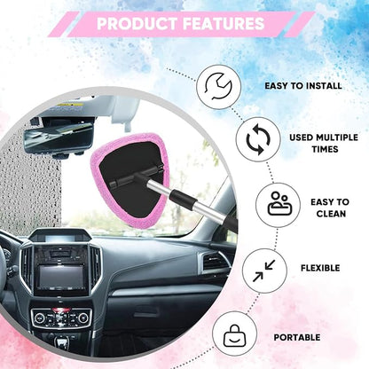 Windshield Cleaning Tool, Car Window Cleaner with Extendable Handle, 4 Microfiber Pads and Spray Bottle, Auto Interior Exterior Glass Wiper Cleaning Kit Universal for RV, SUV, Truck (Pink)