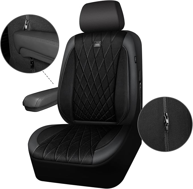 CAR PASS Luxury Faux Leather Car Seat Covers Front Seats, Breathable Soft Velvet Premium Automotive Seat Covers 2 Pack, Armrest Airbag Compatible Universal Fit for Most Sedan SUV Van Truck, Black