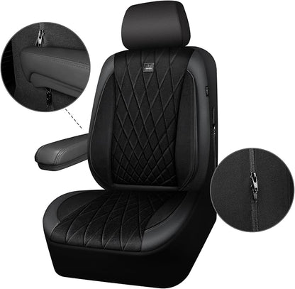 CAR PASS Luxury Faux Leather Car Seat Covers Front Seats, Breathable Soft Velvet Premium Automotive Seat Covers 2 Pack, Armrest Airbag Compatible Universal Fit for Most Sedan SUV Van Truck, Black