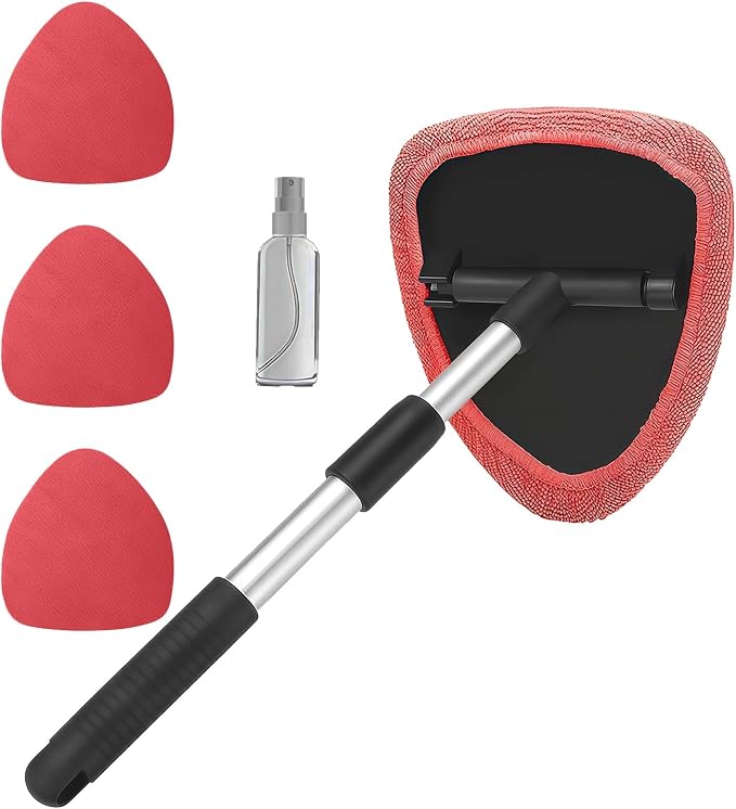 Car Window Cleaner, Car Cleanser Brush, Car Accessories Car Cleaning Supplies Tools, Car Cleaning Kit with Extendable Handle, Microfiber Cloth, Spray Bottle, Fits All Cars (Red)