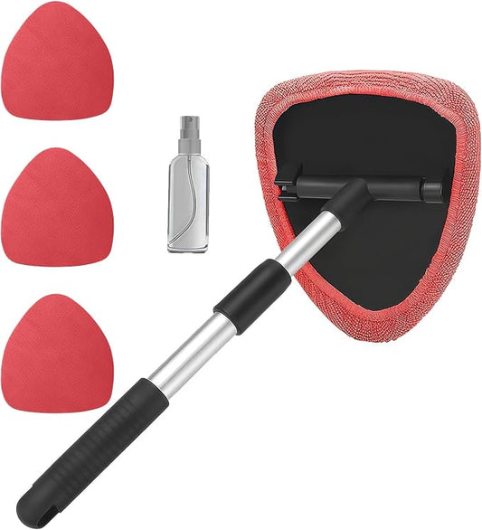 Car Window Cleaner, Car Cleanser Brush, Car Accessories Car Cleaning Supplies Tools, Car Cleaning Kit with Extendable Handle, Microfiber Cloth, Spray Bottle, Fits All Cars (Red)