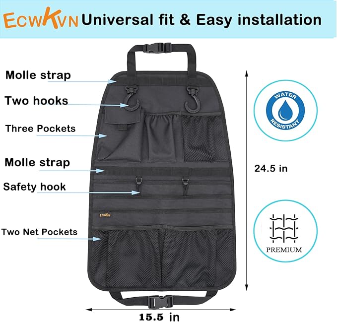 ECWKVN Car Seat Back Organizer, Heavy Duty Back Seat Organizer with Multiple Storage Pockets, Work Truck & SUV Seat Back Storage Bag for Tools, Tablet, Bottles & Essentials – Universal Fit