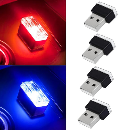 4 PCS USB LED Car Interior Atmosphere Lamp, Portable Mini Auto LED Decor Night Light, Plug-in USB Interface Ambient Lighting Kit, Universal Car Interior Accessories (Red+Blue)