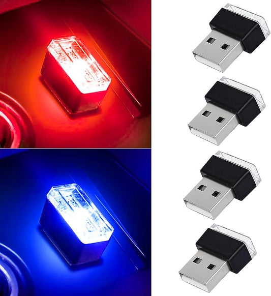 4 PCS USB LED Car Interior Atmosphere Lamp, Portable Mini Auto LED Decor Night Light, Plug-in USB Interface Ambient Lighting Kit, Universal Car Interior Accessories (Red+Blue)