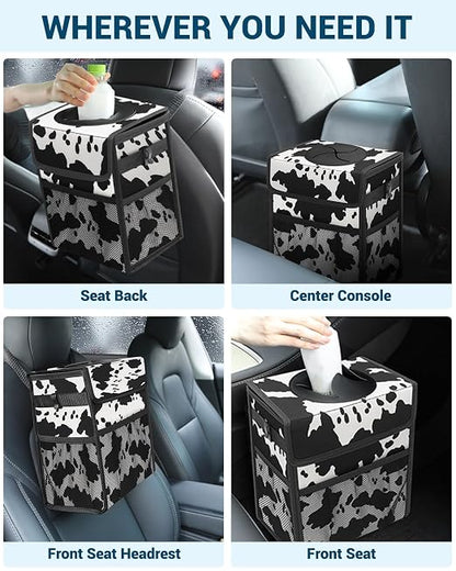 Capolo Car Trash Can with Lid, Leakproof Car Trash Bag Hanging Waterproof Automotive Garbage Can with Storage Pockets Mini Vehicle Trash Bin for Back/Front Seat(Cow Print,2.5 Gallon)